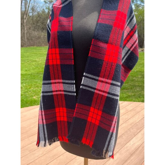 Vtg 1970' Scarf Navy Red White Scottish Plaid Made In USA 100% Superfine Acrylic - Picture 3 of 10